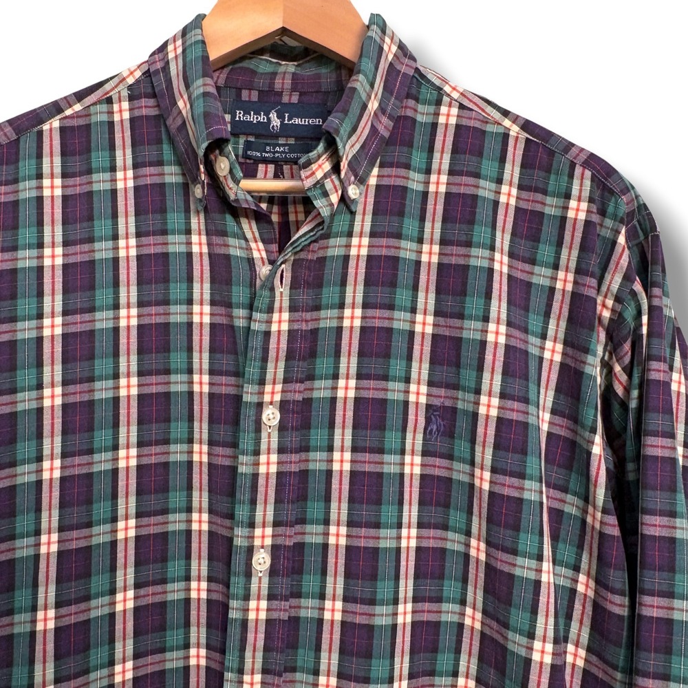 Ralph Lauren Blake Mens Medium Plaid Button Down Shirt Purple Green Long SL